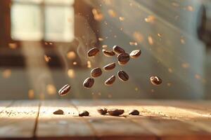 Coffee beans falling from a table, background photo