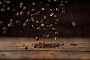 Coffee beans falling from the top of a wooden table, background photo