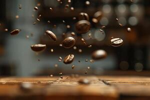 Coffee beans falling from a wooden table, background photo