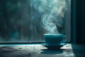 A cup of coffee is sitting on a table with smoke coming out of it, background photo