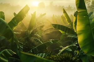 Banana plantation with sun shining through the leaves, background photo