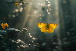 A yellow butterfly is flying through the air, background photo