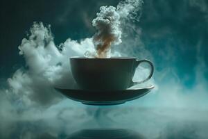 A cup of coffee is floating in the air, background photo