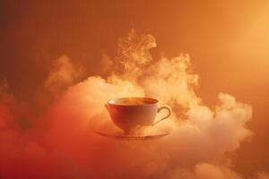 A cup of coffee is sitting on a saucer in the clouds, background photo