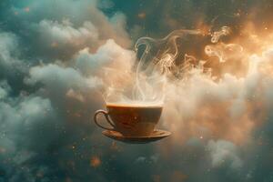 A cup of coffee is floating in the air with smoke coming out of it, background photo