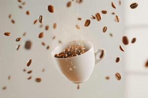 Coffee beans falling from a cup, background photo