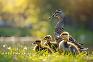 A mother duck and her three ducklings in the grass, background photo