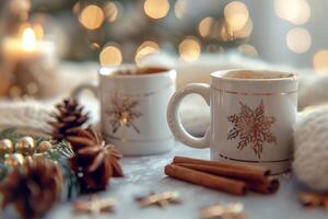 Two cups of hot cocoa with cinnamon sticks and a candle, background photo