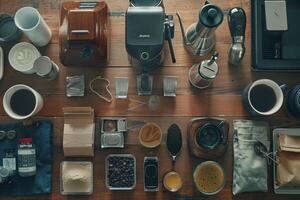 A table with coffee and other items on it, background photo