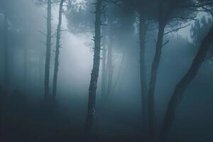 A dark forest with fog and trees, background photo