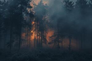A dark forest with trees and fog, background photo