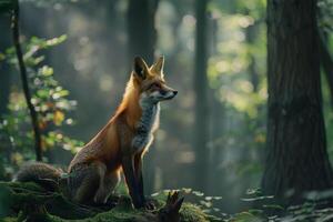 A red fox is sitting on a mosscovered rock in the forest, background photo
