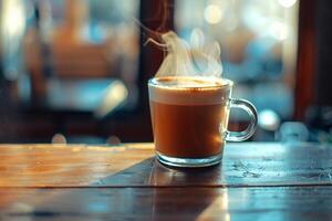 A cup of coffee on a table with steam coming out of it, background photo
