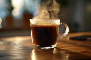 A glass coffee mug with steam coming out of it, background photo