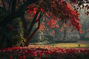 A Park with a Bench and a Tree with Red Flowers with Background photo