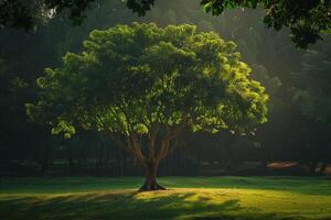 A Tree in the Middle of a Green Field with Background photo