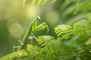 Praying mantis perched on a leaf background photo