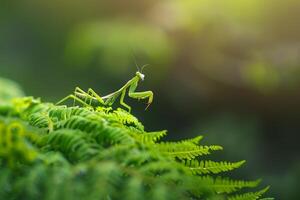Praying mantis sitting on top of a fern background photo