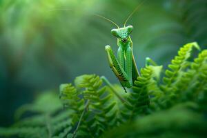 Praying mantis sitting on top of some ferns background photo