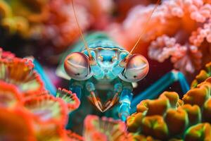 Colorful insect is sitting on top of some coral background photo