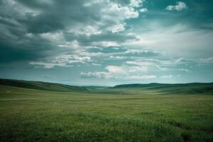 Grassy field with a sky full of clouds background photo