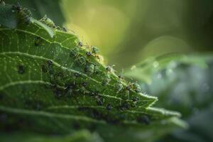 Group of Green Bugs on Leaf Background photo