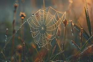 Spider Web Covered with Dew Drops in Morning Background photo