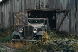 An Old Car is Parked in Front of a Barn Background photo