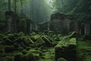 An Abandoned Forest with Mossy Rocks and Trees Background photo