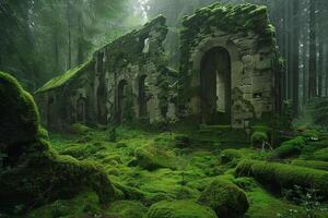 An Abandoned Building in the Middle of a Forest Background photo