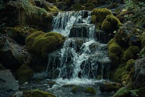 A Waterfall Is Flowing Down a Rocky Stream Background photo