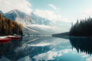 A Lake Surrounded by Mountains and Trees Background photo