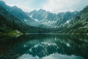 A Mountain Lake Surrounded by Trees and Mountains Background photo