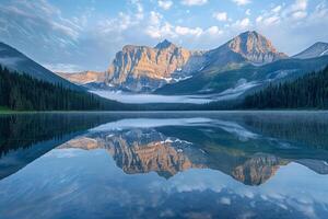 Mountains Reflected in a Lake with Trees in the Foreground Background photo