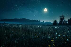 A Field with Flowers and a Moon in the Sky Background photo