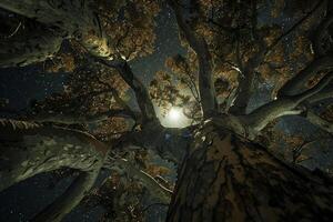 A Tree with a Moon in the Sky Above It Background photo