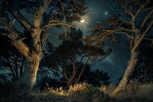 A Tree with a Moon in the Sky Background photo