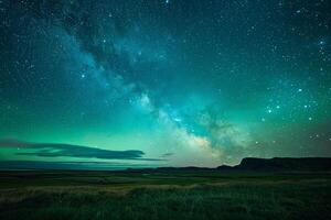the milky shines brightly in the sky over a field background photo