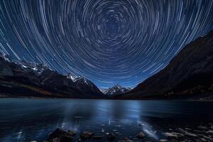 a star trail is seen over a lake and mountains background photo