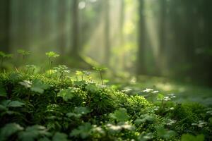Moss and green plants in a forest background photo