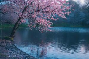 Tree with pink flowers near a lake background photo