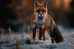 Red Fox Stands in Snow at Sunset Background photo