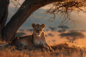 Lion sits under tree at sunset background photo