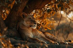 Lioness Resting Under Tree in Sun Background photo