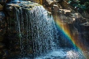 Rainbow seen in sky above waterfall background photo
