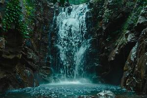 Waterfall in jungle with green vegetation background photo