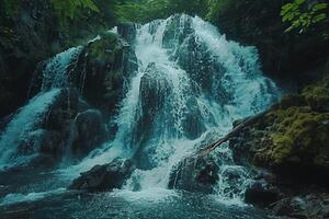A waterfall in the woods with green trees background photo