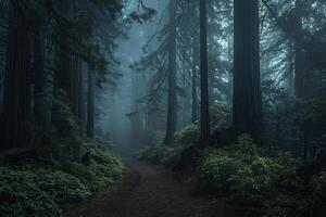 A path through a dark forest with tall trees background photo
