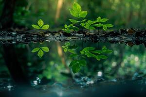 A plant is reflected in water with leaves background photo