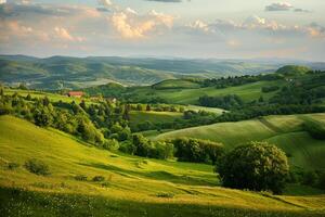 a beautiful view of a green rolling hillside background photo